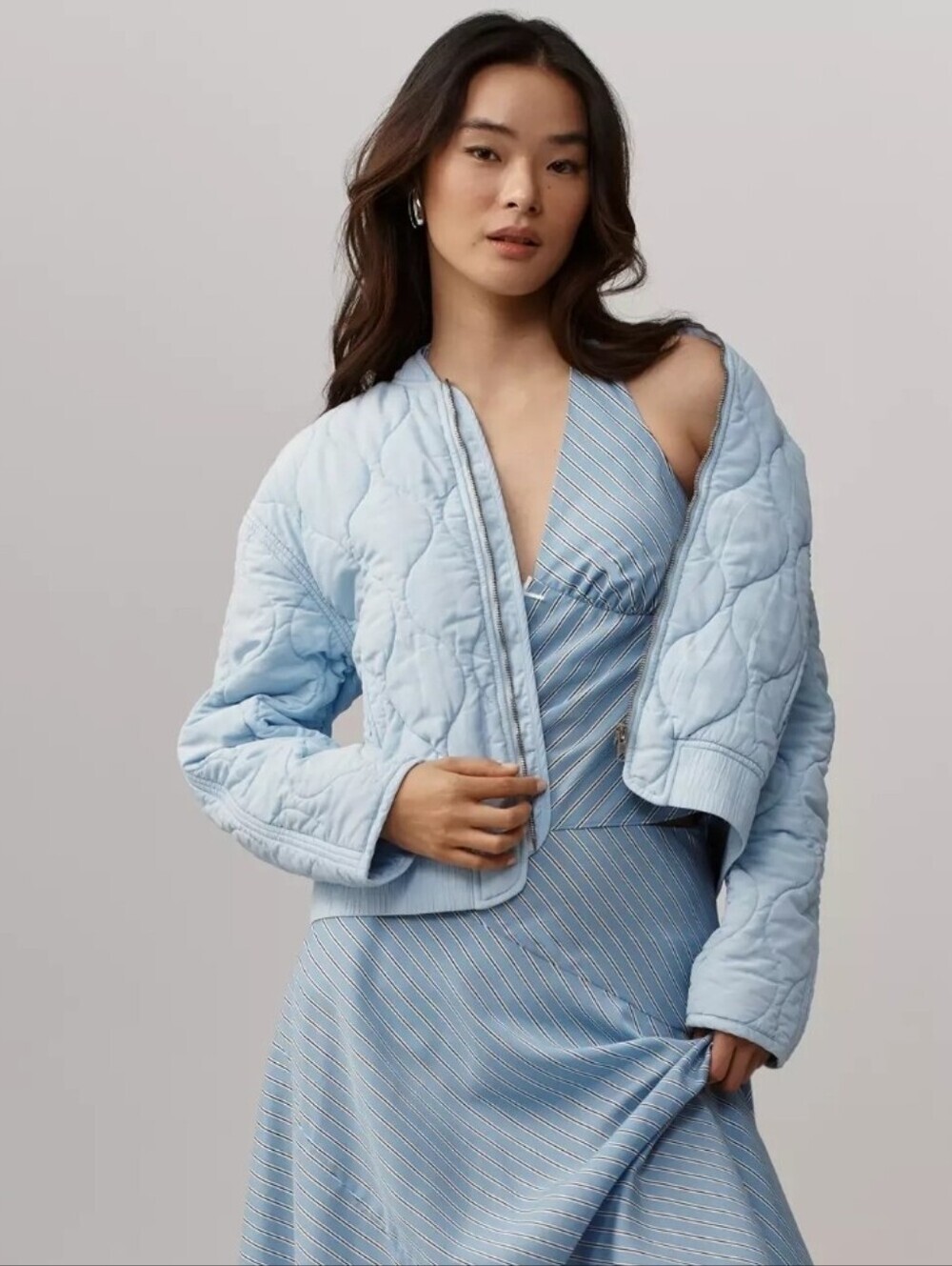 Puffy Light Blue Crop Packable Zip Up Jacket Large